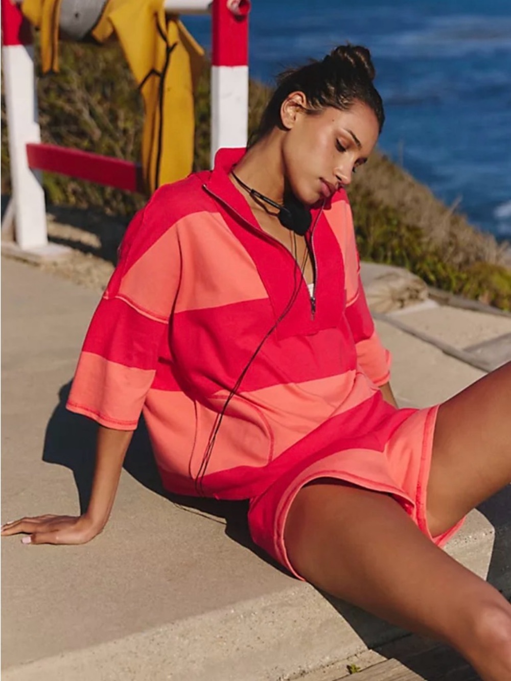Free People Coral and Pink Striped Half-Zip Pullover